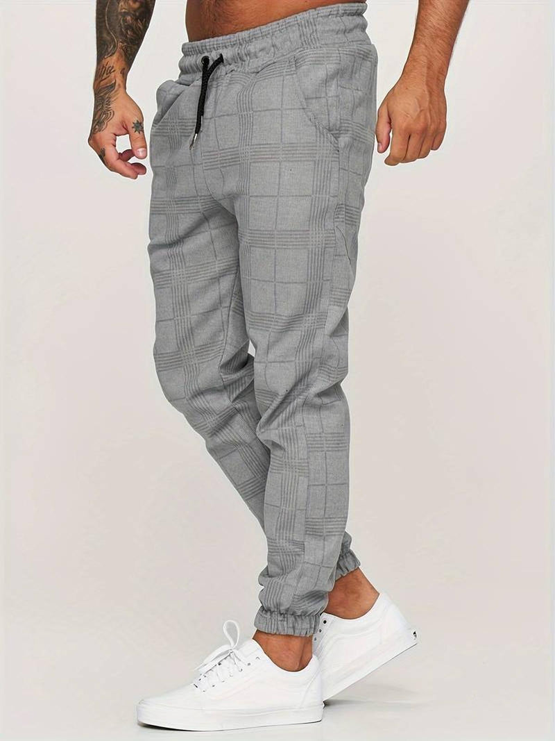 Checked Cotton Blend Joggers With Elastic Waistband And Ankle Cuffs