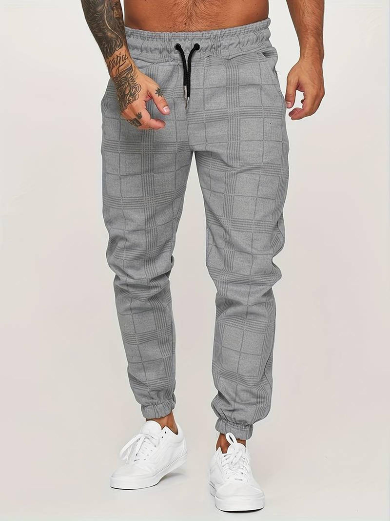 Checked Cotton Blend Joggers With Elastic Waistband And Ankle Cuffs