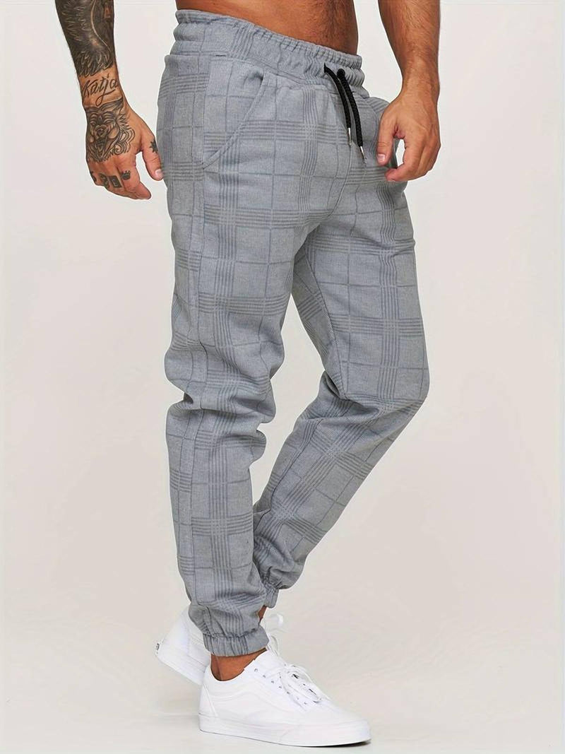 Checked Cotton Blend Joggers With Elastic Waistband And Ankle Cuffs