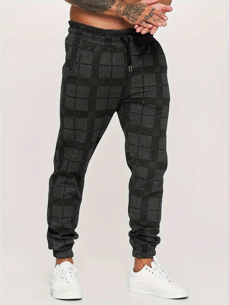 Checked Cotton Blend Joggers With Elastic Waistband And Ankle Cuffs