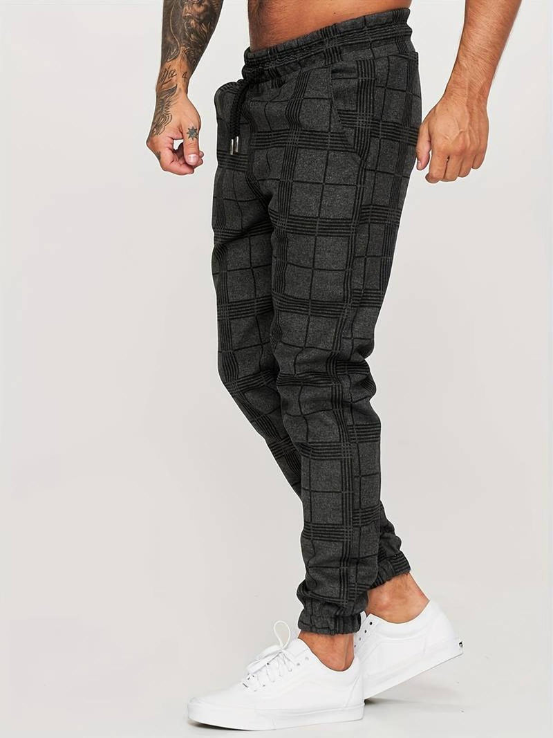 Checked Cotton Blend Joggers With Elastic Waistband And Ankle Cuffs