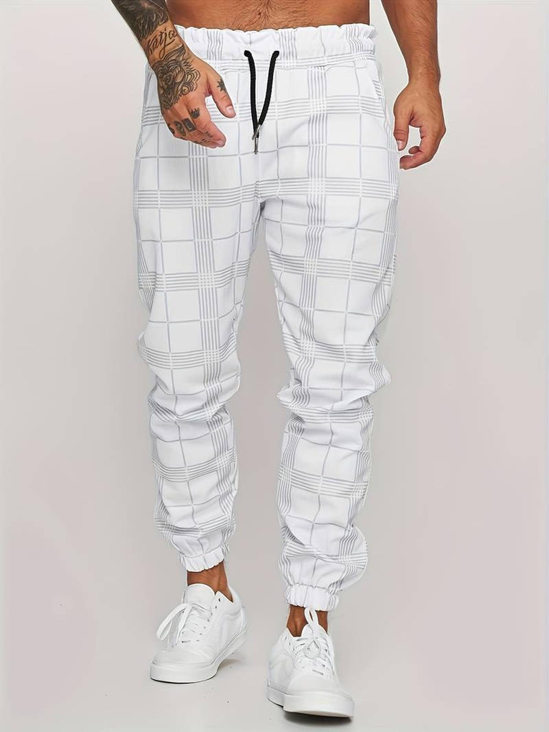 Checked Cotton Blend Joggers With Elastic Waistband And Ankle Cuffs