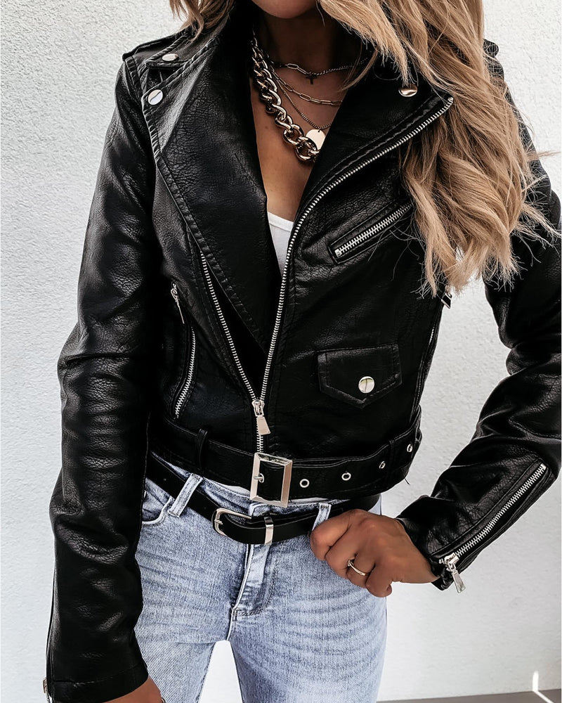 Cropped PU Leather Biker Jacket With Asymmetrical Zip