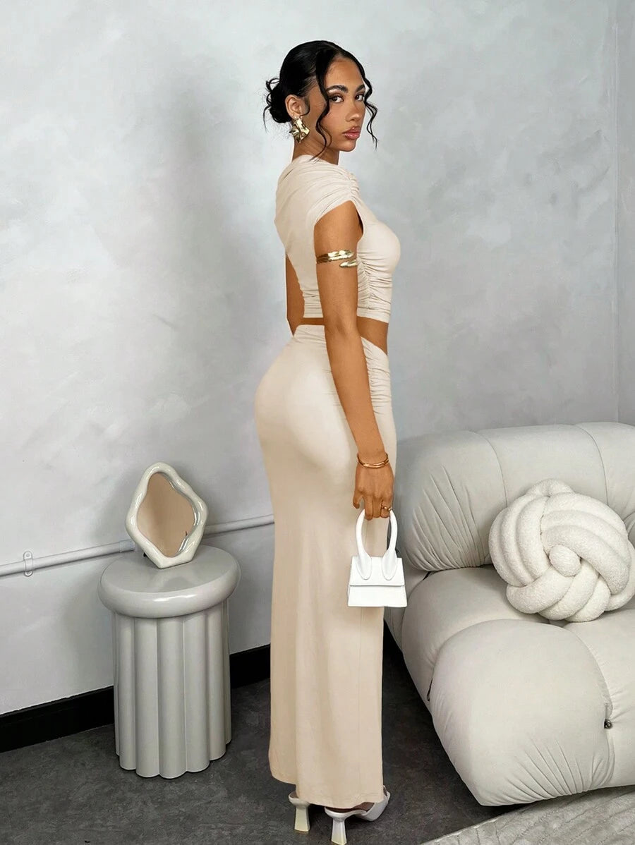 Asymmetric Ruched Shoulder Top &amp; Slit Skirt Set