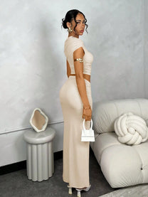 Asymmetric Ruched Shoulder Top &amp; Slit Skirt Set