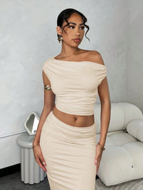 Asymmetric Ruched Shoulder Top &amp; Slit Skirt Set
