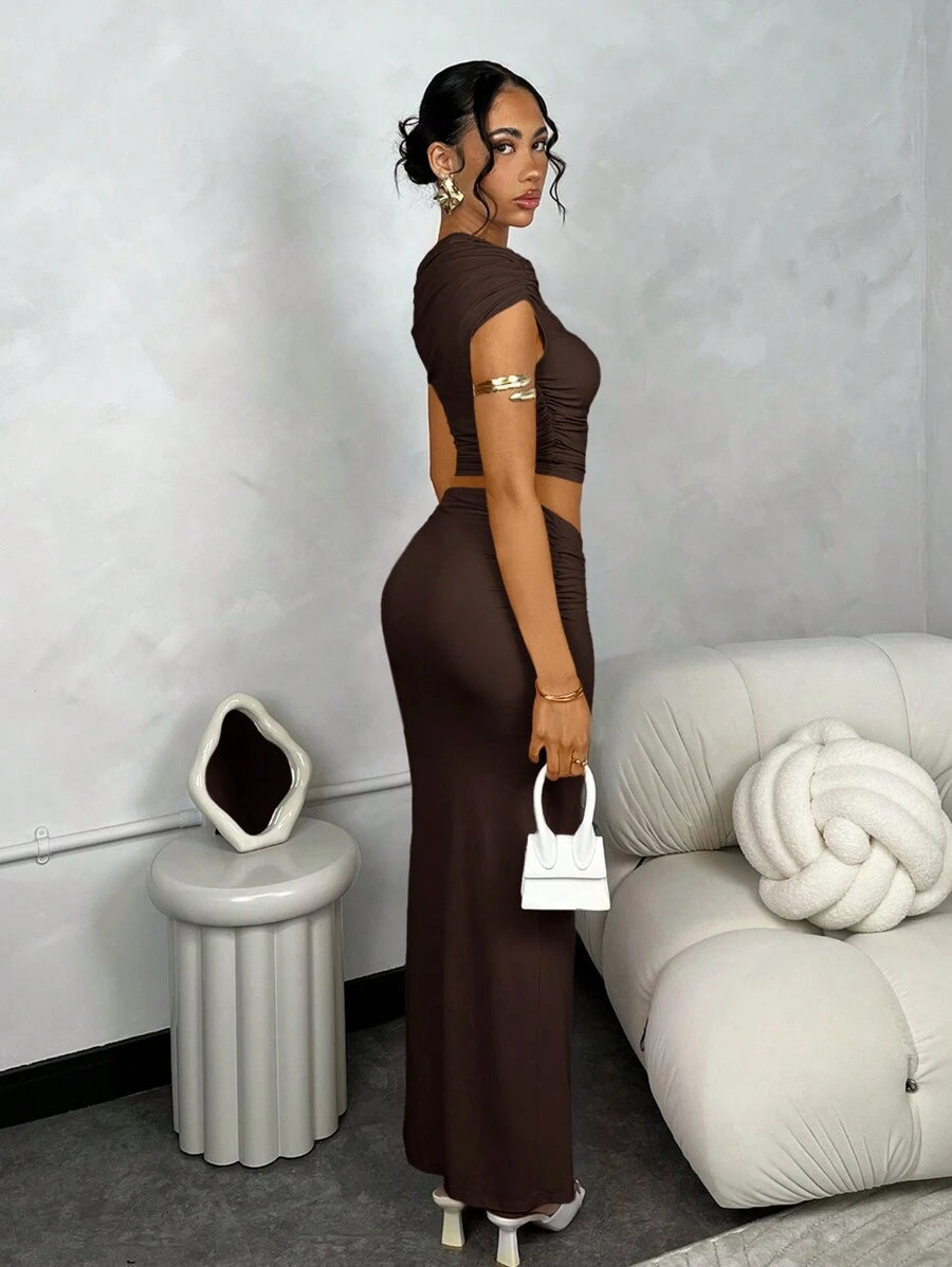 Asymmetric Ruched Shoulder Top &amp; Slit Skirt Set
