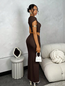 Asymmetric Ruched Shoulder Top &amp; Slit Skirt Set