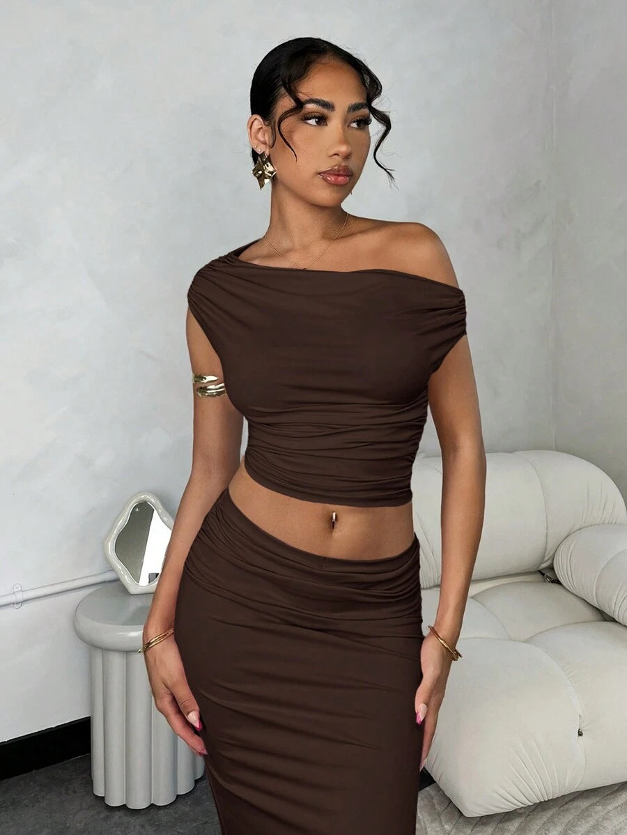 Asymmetric Ruched Shoulder Top &amp; Slit Skirt Set