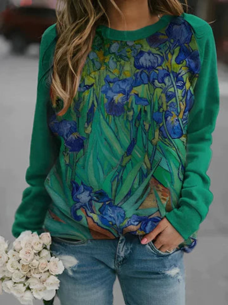 Floral Long-Sleeve Top for Women in Green and Blue