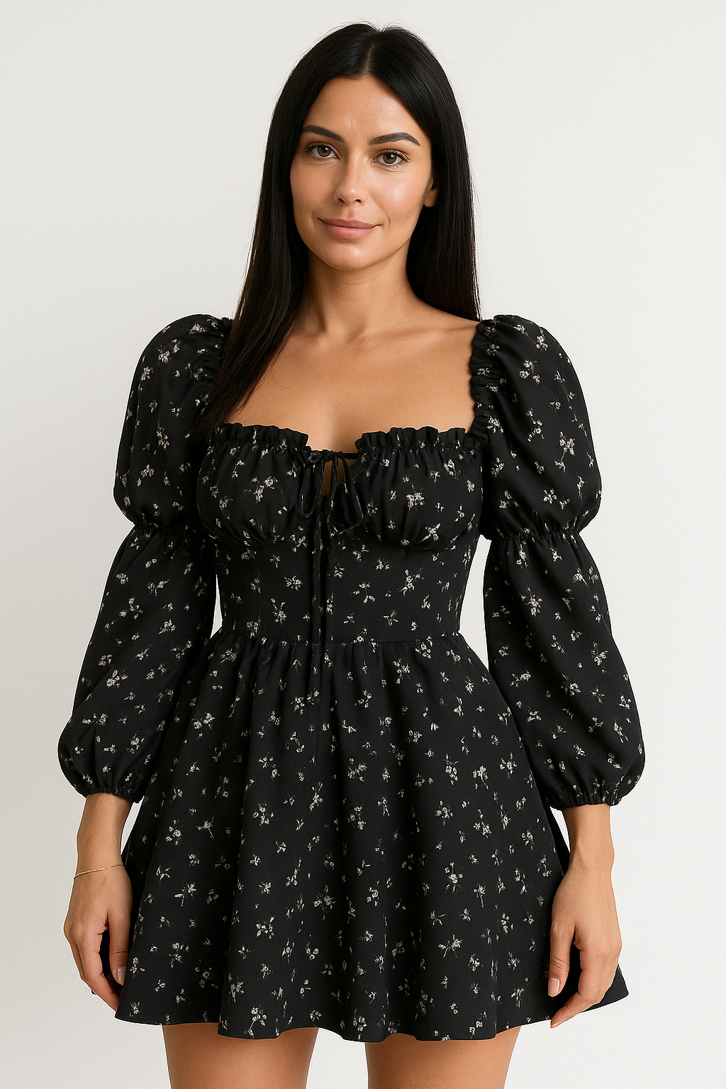 Long Puff Sleeve Floral Dress with Open Back
