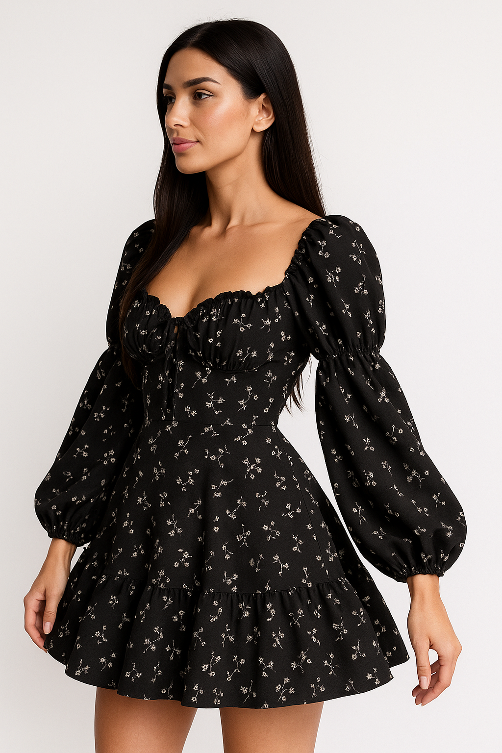 Long Puff Sleeve Floral Dress with Open Back