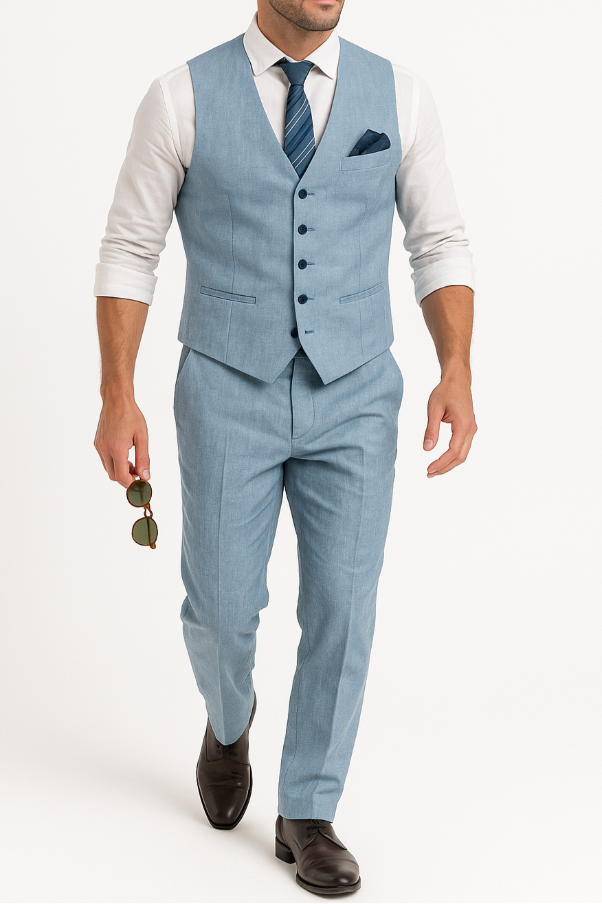 Linen Two-Piece Suit Set – Slim Fit Vest and Trousers