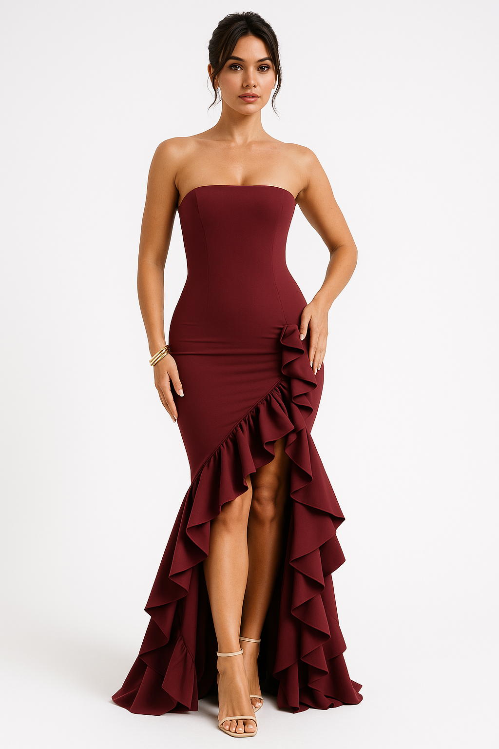 Strapless Ruffle Maxi Dress – High Slit