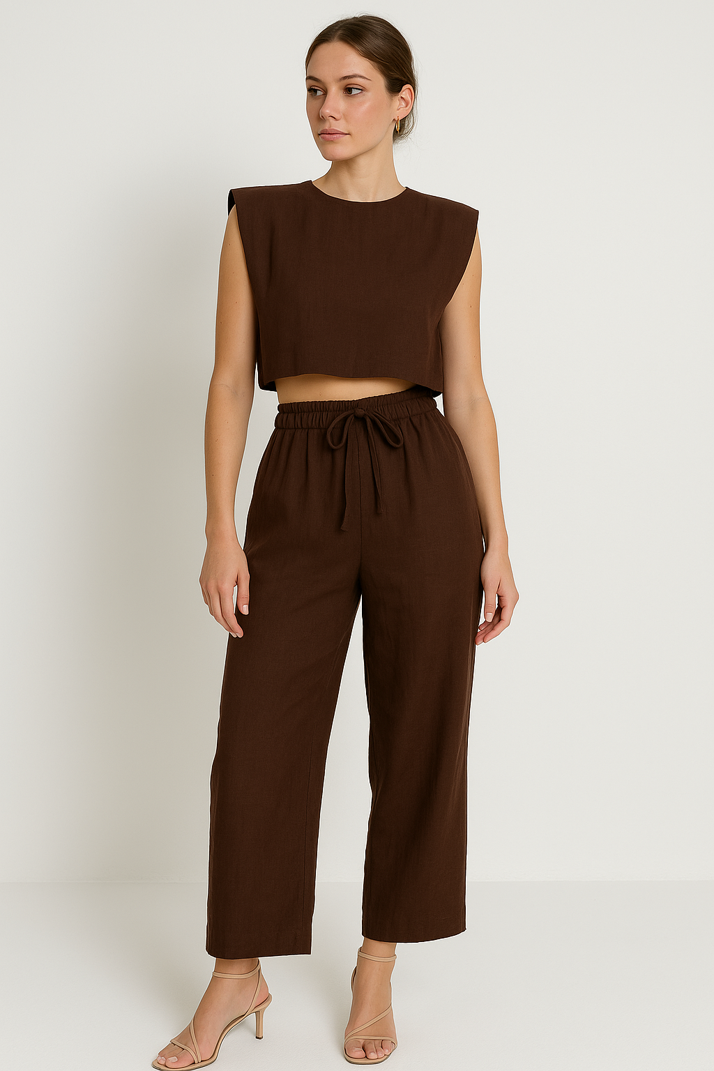 Linen blend Two-Piece Set - Crop Top and High-Waist Trousers