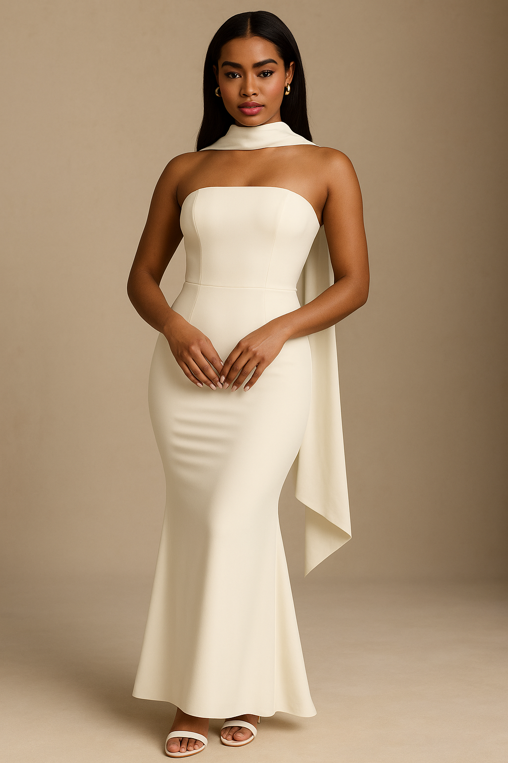 Strapless Fishtail Maxi Gown With Scarf-detail