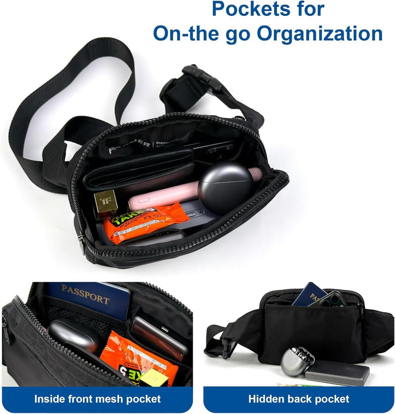 2L Nylon Belt Bag With Adjustable Strap And Two Zippered Compartments