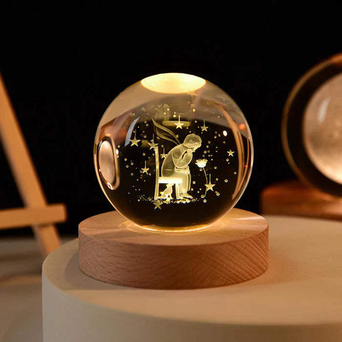 3D Crystal Ball Music Box with LED Light and Wooden Base