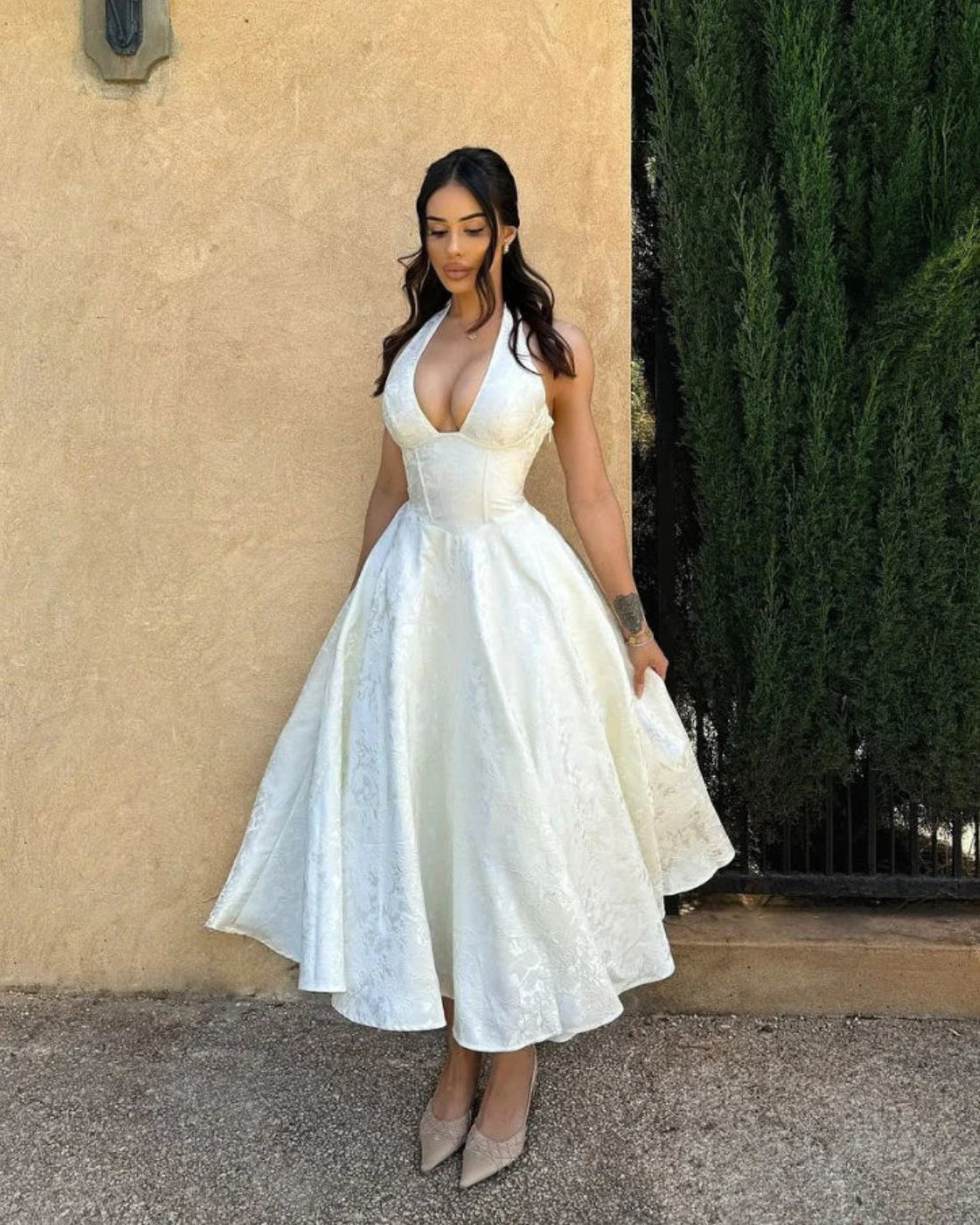 Jacquard Floral Lace-Up Halter Maxi Dress