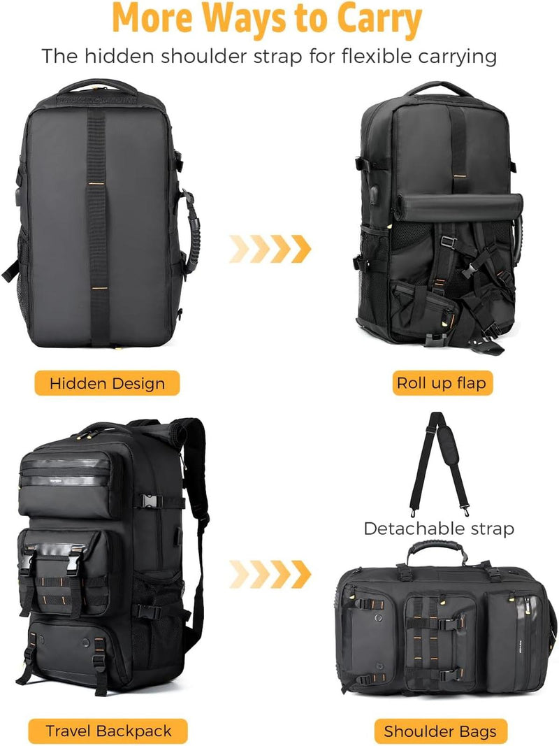 50L Convertible Travel Backpack With Shoe Compartment And USB Port