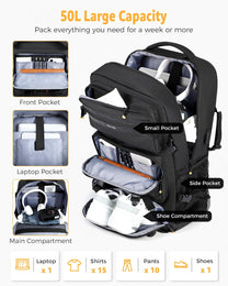 50L Convertible Travel Backpack With Shoe Compartment And USB Port