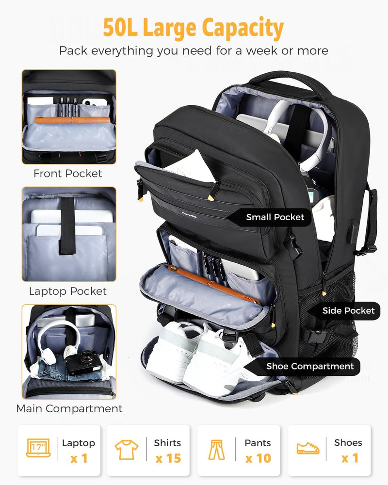 50L Travel Backpack With Shoe Compartment And USB Charging Port