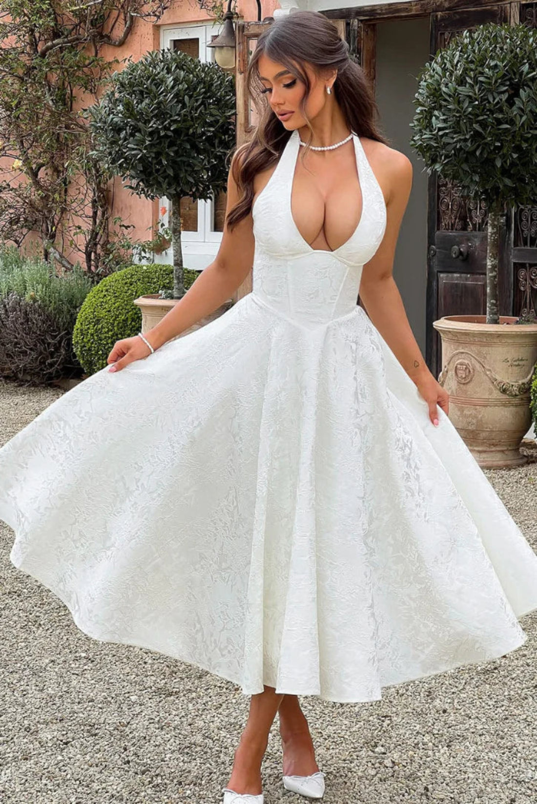 Jacquard Floral Lace-Up Halter Maxi Dress