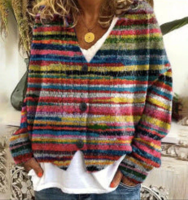 Vibrant Striped Cardigan For Women - Soft Knit, Relaxed Fit