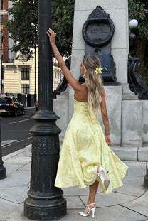 Jacquard Floral Lace-Up Halter Maxi Dress
