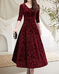 A-Line Midi Dress With V-Neck For Office And Leisure