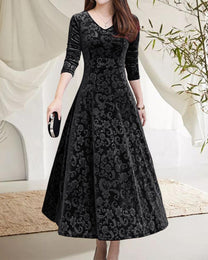 A-Line Midi Dress With V-Neck For Office And Leisure