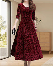 A-Line Midi Dress With V-Neck For Office And Leisure