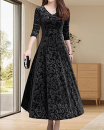 A-Line Midi Dress With V-Neck For Office And Leisure
