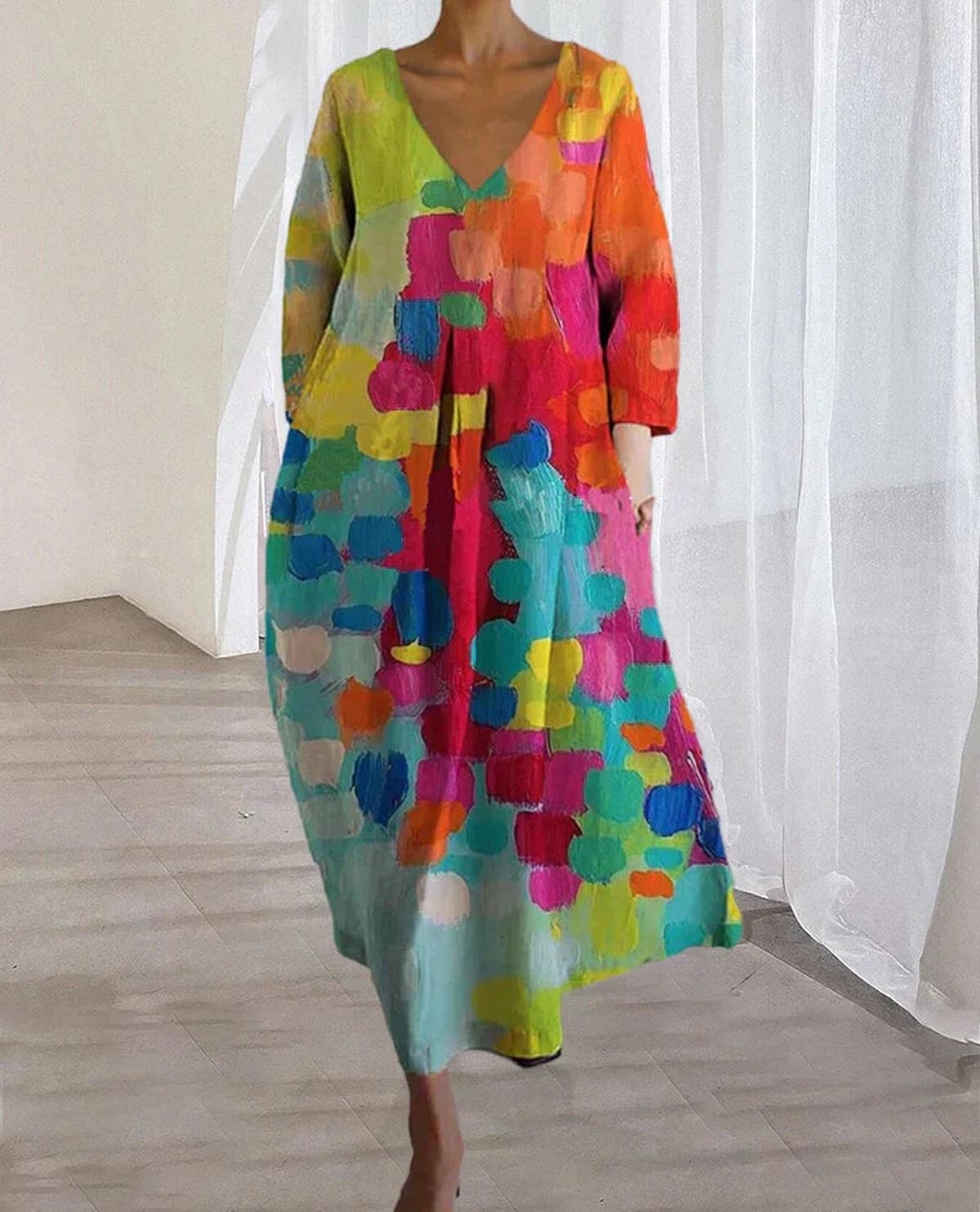 A-Line V-Neck Midi Dress With Abstract Print