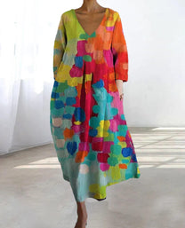 A-Line V-Neck Midi Dress With Abstract Print