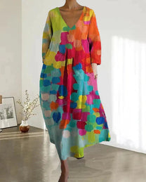 A-Line V-Neck Midi Dress With Abstract Print