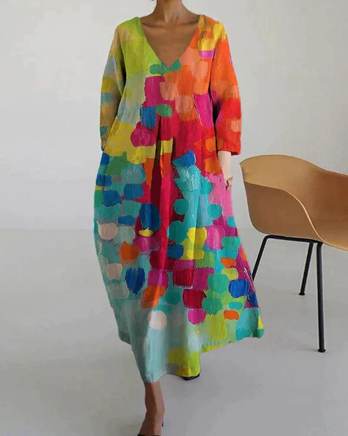 A-Line V-Neck Midi Dress With Abstract Print