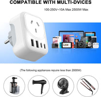 AU To EU Travel Adapter With 4 USB Ports And AC Socket
