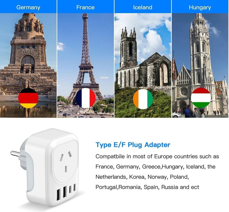 AU To EU Travel Adapter With 4 USB Ports And AC Socket