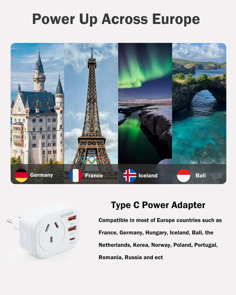 AU To EU Travel Adapter With USB Ports - 2-Pack Universal Plug