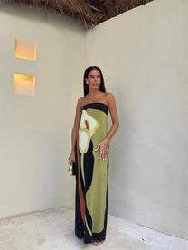 Abstract Print Strapless Maxi Dress