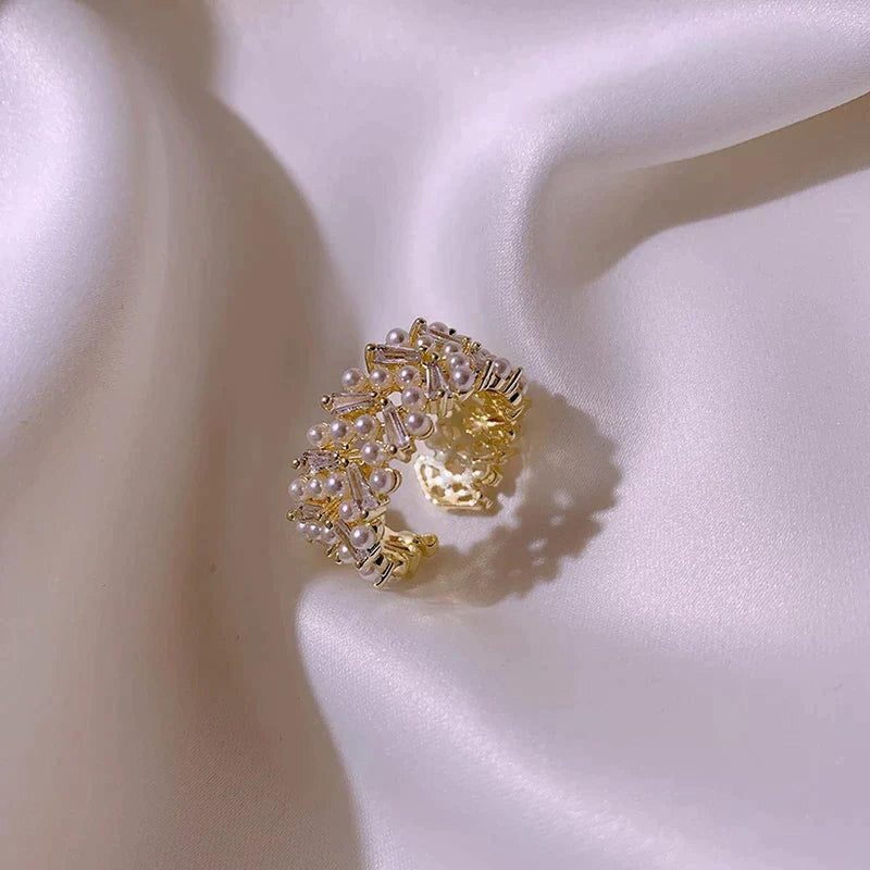 Adjustable Pearl Cocktail Ring Silver Gold Plated