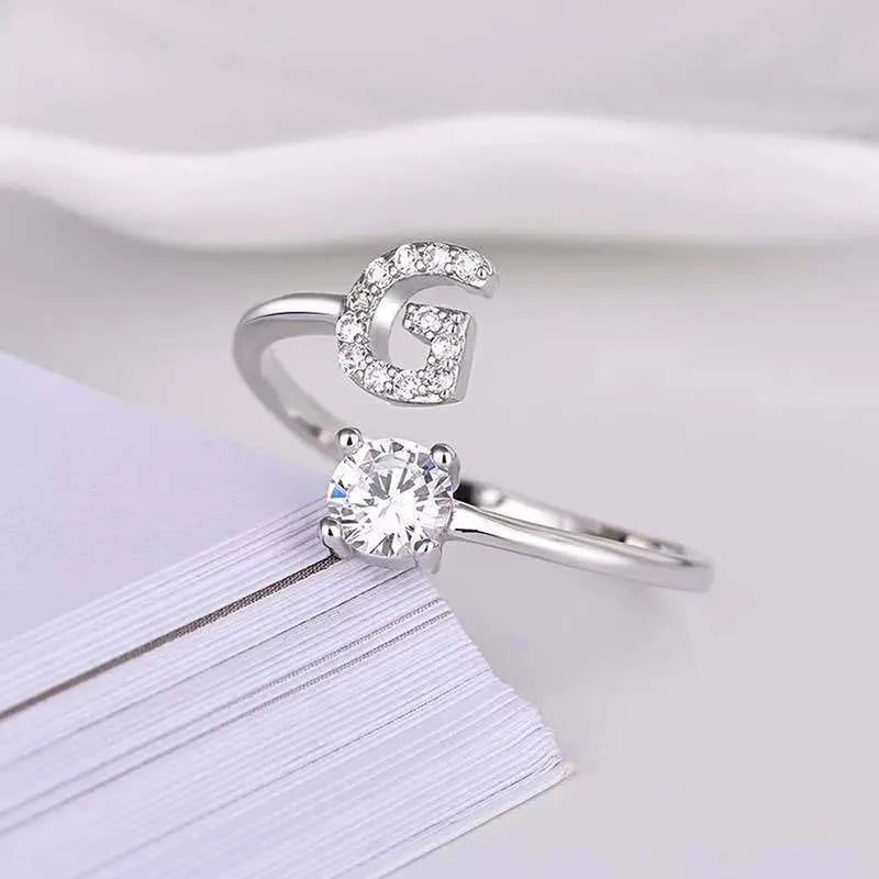 Adjustable Silver Rhinestone Letter Ring