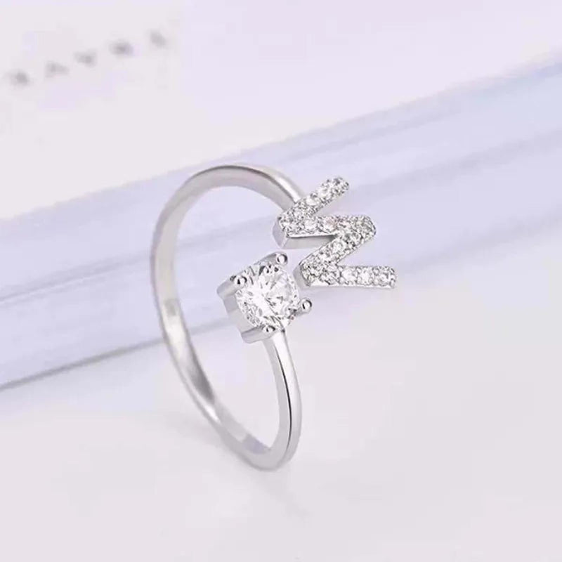 Adjustable Silver Rhinestone Letter Ring
