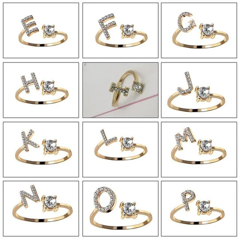 Adjustable Silver Rhinestone Letter Ring