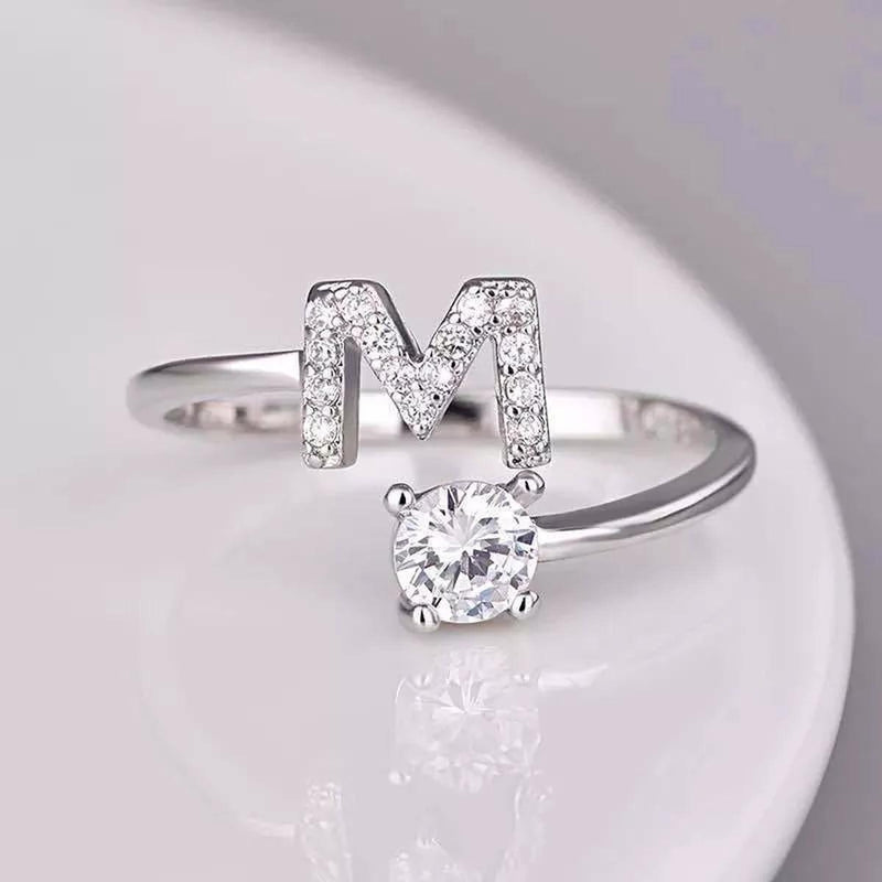 Adjustable Silver Rhinestone Letter Ring