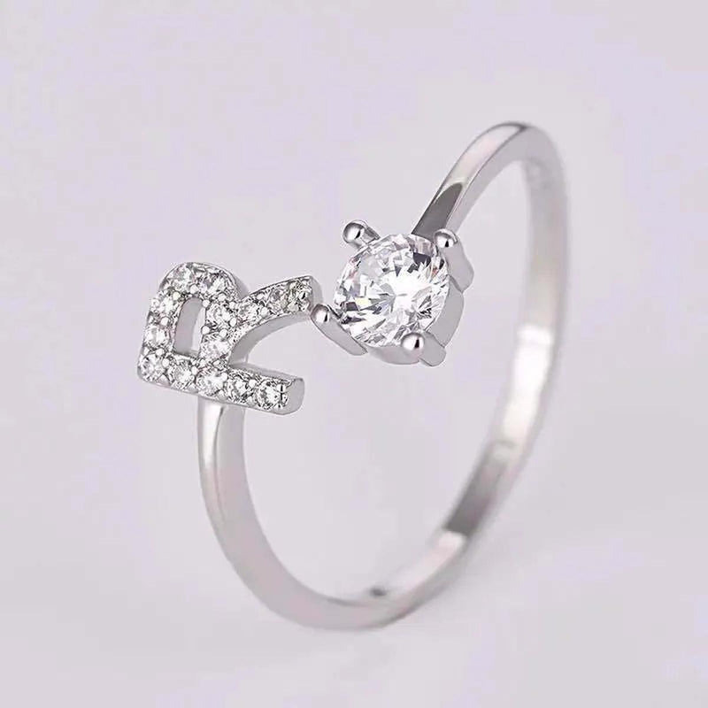 Adjustable Silver Rhinestone Letter Ring