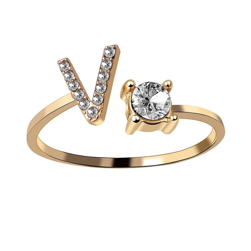 Adjustable Silver Rhinestone Letter Ring