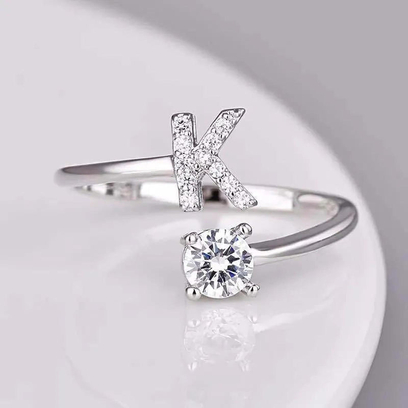 Adjustable Silver Rhinestone Letter Ring