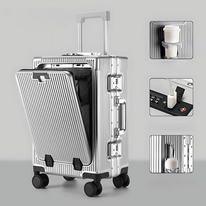 Aluminium Frame Hand Luggage Suitcase With USB Ports And 360° Spinner Wheels
